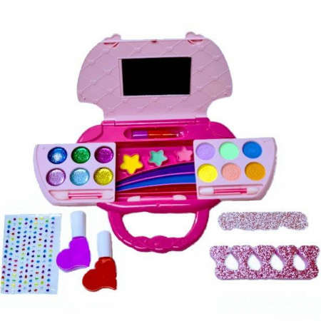 Jucarii Rol - trusa make-up model poseta, caseta machiaj pe doua nivele cu oglinda, farduri de pleoape, oja, ruj, stickere cu sclipici pentru unghii, 40x27x4.5 cm