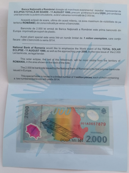 Romania, bancnota 2000 Lei 1999 Eclipsa, in pliant BNR [2]