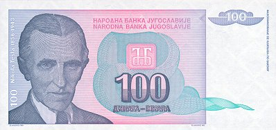 Iugoslavia, 100 Dinari 1994, Nikola Tesla, necirculata [1]