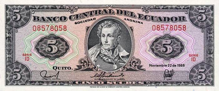 Ecuador 5 Sucres 1988, Antonio Jose De Sucre, UNC [2]
