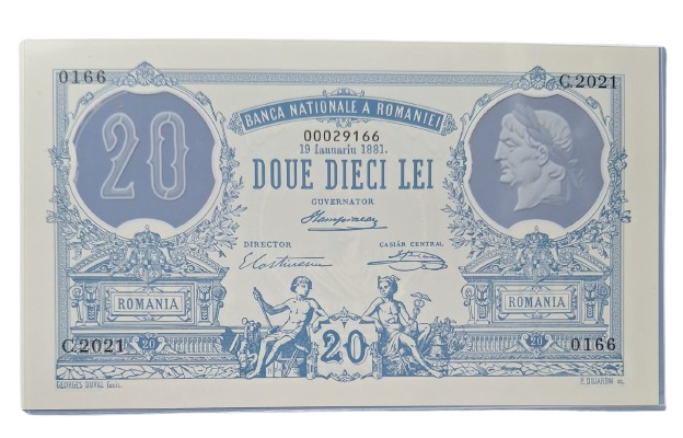 Bancnota Romania 20 lei 2021, replica BNR din polimer dupa 20 lei 1881 [2]