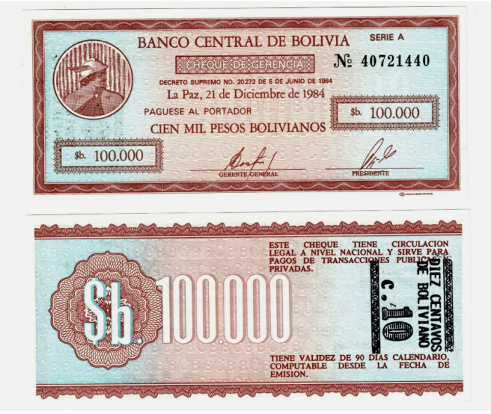 Bolivia 10 Centavos 1987 overprint 100,000 , necirculata [1]