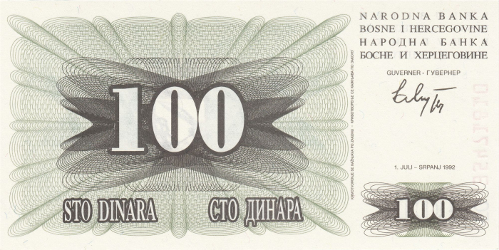 BOSNIA & HERTEGOVINA, 100 Dinari 1992, necirculata [1]