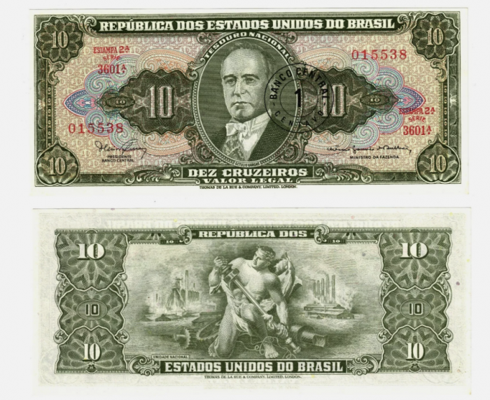 Brazilia 1 centavo supratipar  pe 10 cruzeiros 1969, necirculata [1]