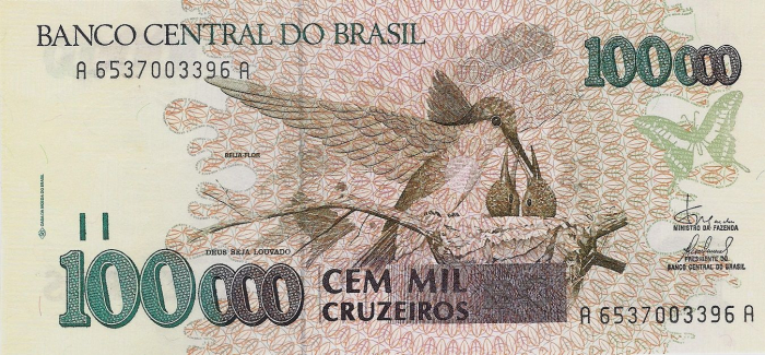 Brazilia, 100 000 Cruzeiros 1994, pasare colibri si cascadele Iguazu, Aunc [2]