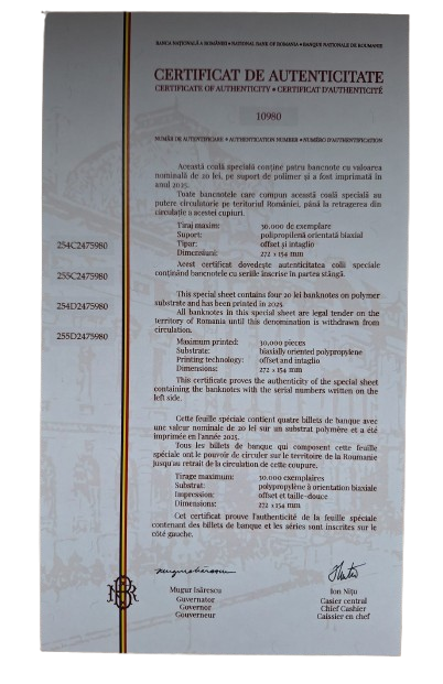 Coala speciala 4x 20 lei 2025, UNC, plic + certificat autenticitate [3]