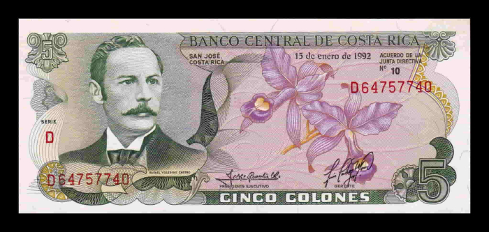 Costa Rica 5 Colones 1992, Rafael Yglesias Castro, necirculata [2]