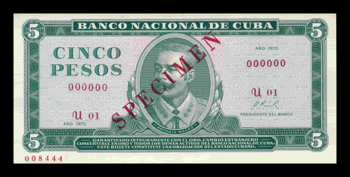 Cuba 5 Pesos Antonio Maceo 1970 Specimen, necirculata [2]
