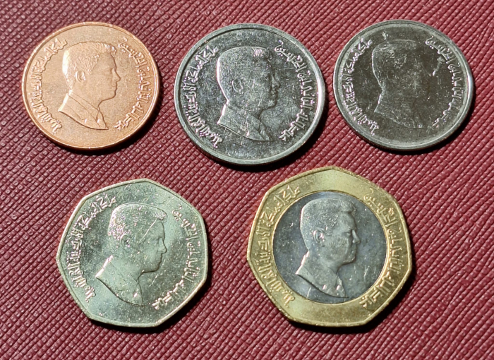 Iordania 5 monede 2009-2012: 1 Qirsh, Quater si Half Dinar, 5 si 10 Piastri, Aunc [2]