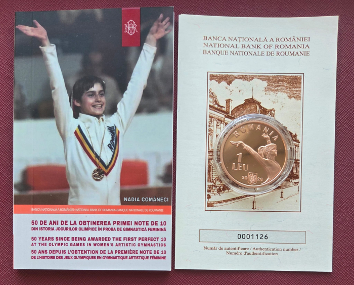 Moneda Romania - Nadia Comaneci - 50 ani de la prima nota de 10 din istoria JO, Montreal 1976, tombac [2]