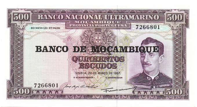Mozambic 500 Escudos 1967, aproape necirculata, Escudos Caldas Xavier [1]