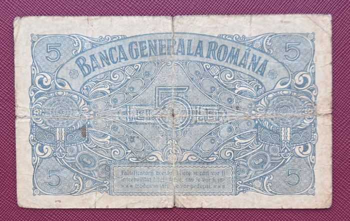 Romania 5 Lei 1917 B.G.R, Ocupatia Germana, circulata [2]