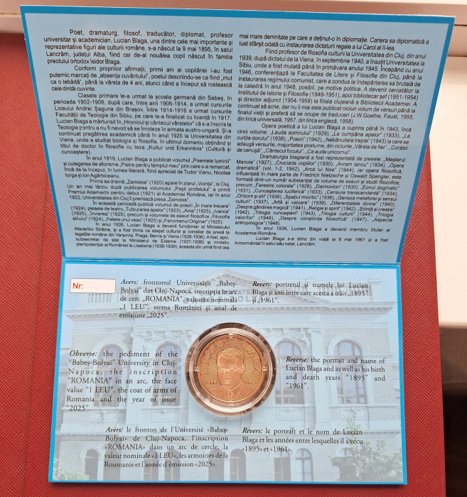 Romania, 1 Leu 2025 - Lucian Blaga, 130 ani de la nastere, tombac, prima moneda colorata [4]