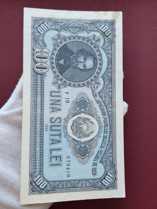 Romania 100 lei 1952, seria r19/ 679450, stare buna [9]
