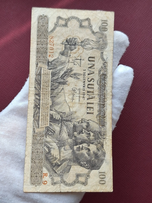 Romania 100 lei decembrie 1947, seria R.9/827012, circulata [3]