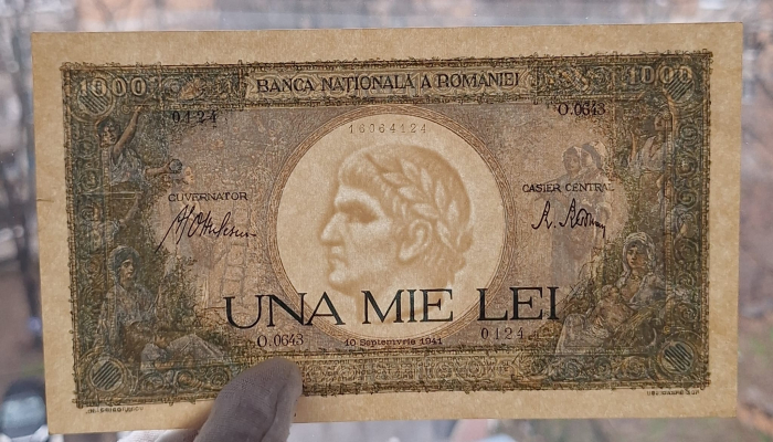 Romania, 1000 lei 1941, seria O.0643/0124/16064124, Aunc, cu mica ruptura [3]