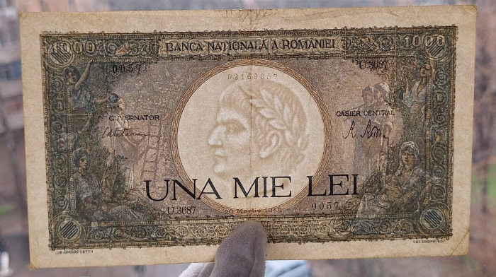 Romania, 1000 lei 1945, seria U.3687/0057/92169057, circulata [3]