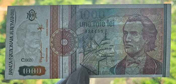 Romania 1000 lei 1991, seria C.0020/334488, varianta cu punct, rara, UNC- [3]