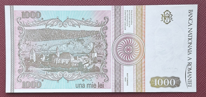 Romania 1000 lei 1991, seria C.0020/334488, varianta cu punct, rara, UNC- [2]