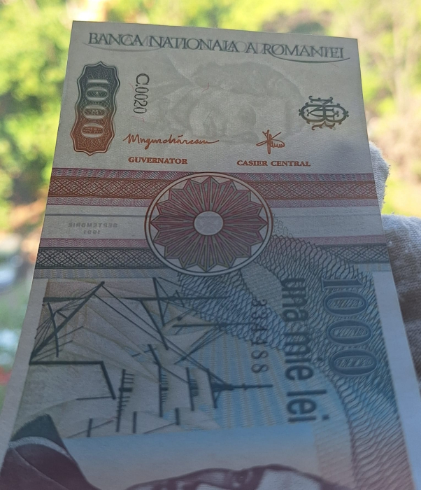 Romania 1000 lei 1991, seria C.0020/334488, varianta cu punct, rara, UNC- [8]