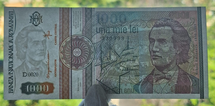 Romania 1000 lei 1991, seria D.0020/330993, varianta cu punct, rara, UNC [3]