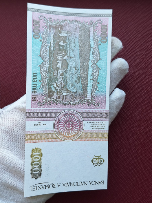 Romania 1000 lei 1991, seria F.0021/500363, varianta cu punct, rara, UNC [5]