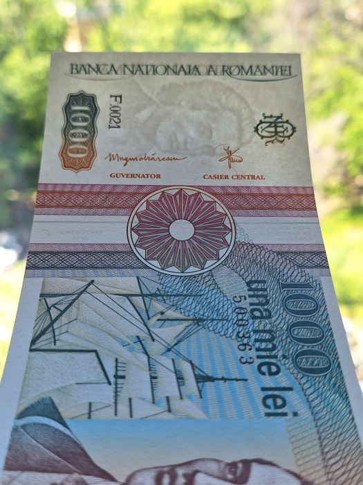 Romania 1000 lei 1991, seria F.0021/500363, varianta cu punct, rara, UNC [8]