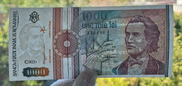 Romania, 1000 lei 1991, Mihai Eminescu, serie cu punct, rara, necirculata [3]