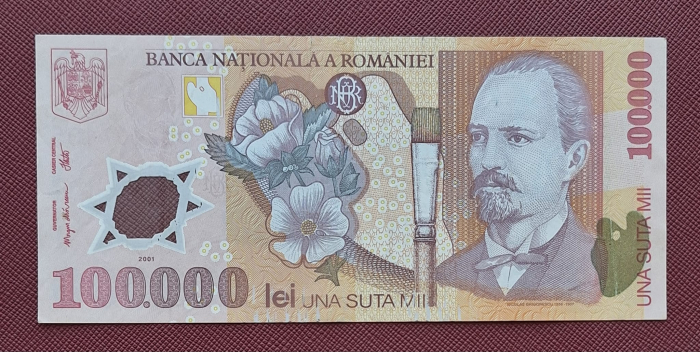 Romania, 100000 lei 2001, seria 018C2107105, circulata [1]