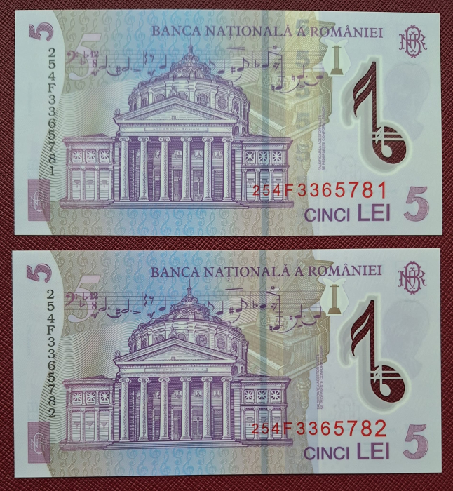 Romania 2x 5 lei 2025, polimer, necirculate, avem si serii consecutive [3]