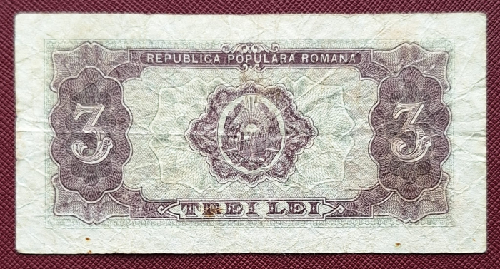 Romania, 3 lei 1952, seria m 32 / 166599, circulata [2]