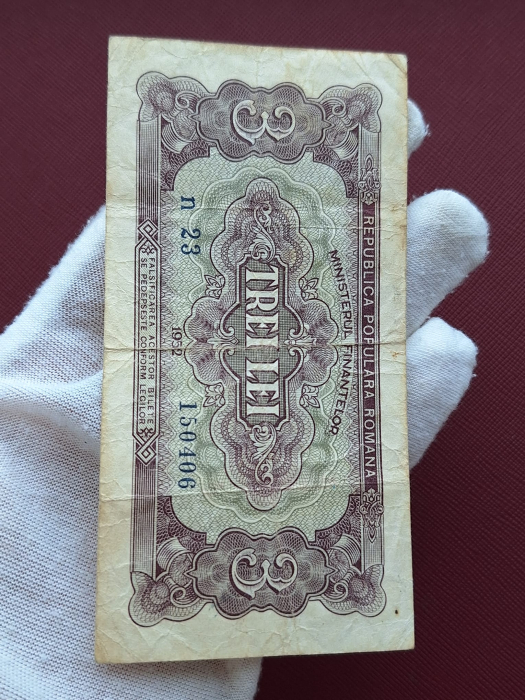 Romania, 3 lei 1952, seria n 23 / 150406, circulata [7]