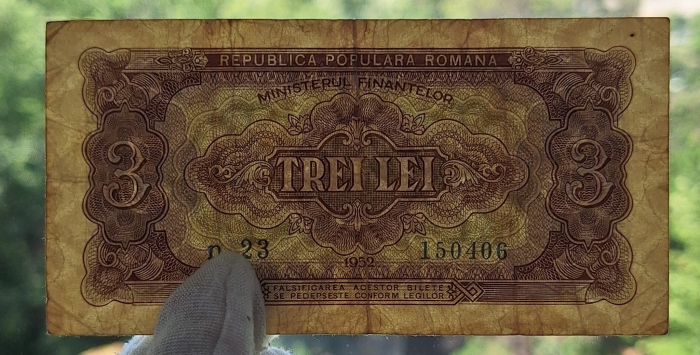 Romania, 3 lei 1952, seria n 23 / 150406, circulata [3]