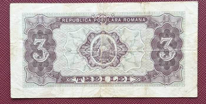 Romania, 3 lei 1952, seria n 23 / 150406, circulata [2]