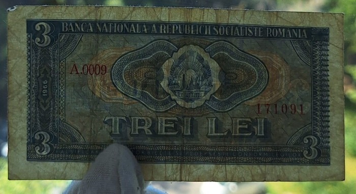 Romania 3 lei 1966, seria A.0009/171091, circulata [3]