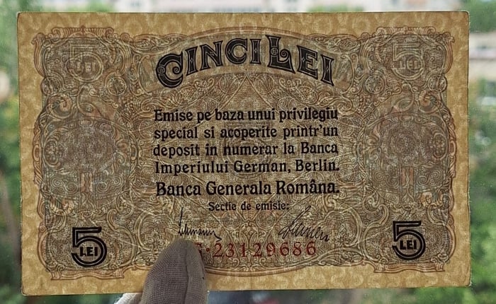 Romania 5 Lei 1917 B.G.R, Ocupatia Germana, seria G.23129686, aproape necirculata [3]