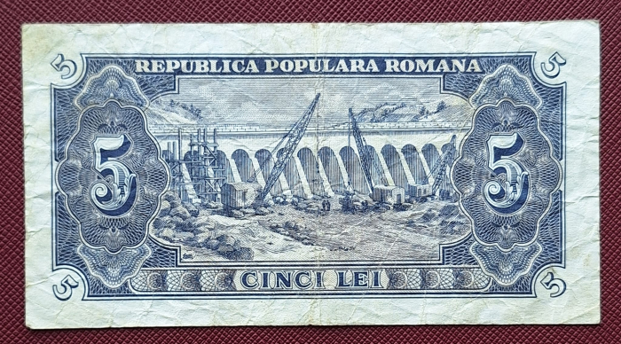 Romania, 5 lei 1952, seria e 46 / 534851, circulata [2]