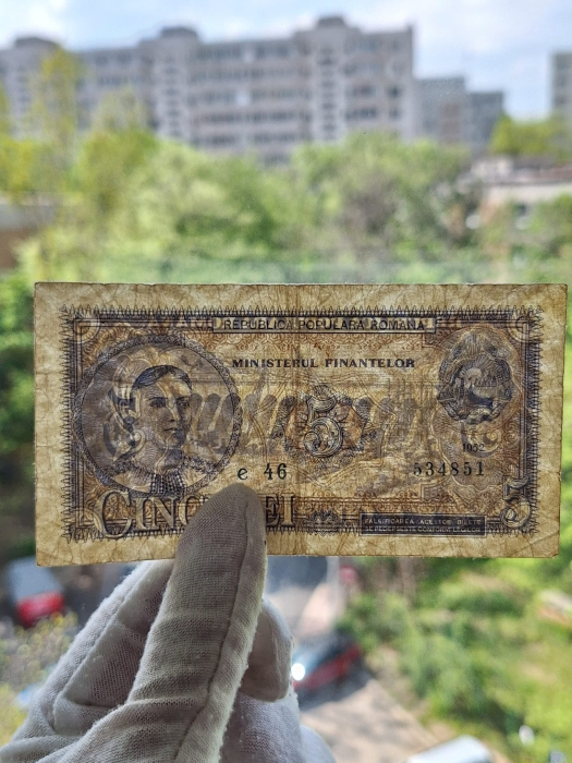 Romania, 5 lei 1952, seria e 46 / 534851, circulata [7]