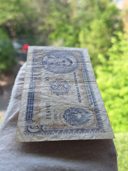 Romania, 5 lei 1952, seria e 46 / 534851, circulata [6]