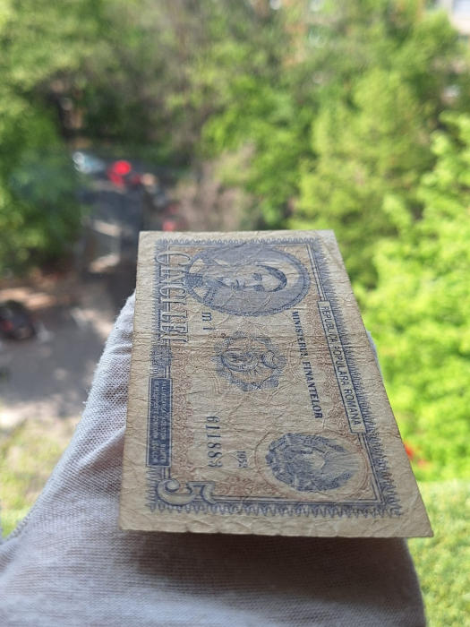 Romania, 5 lei 1952, seria m 1 / 611883, circulata [6]