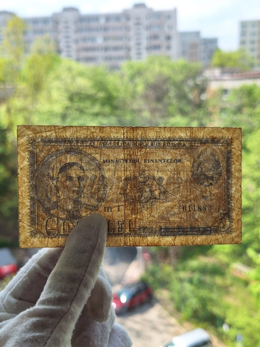 Romania, 5 lei 1952, seria m 1 / 611883, circulata [7]