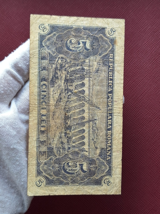 Romania, 5 lei 1952, seria m 1 / 611883, circulata [4]