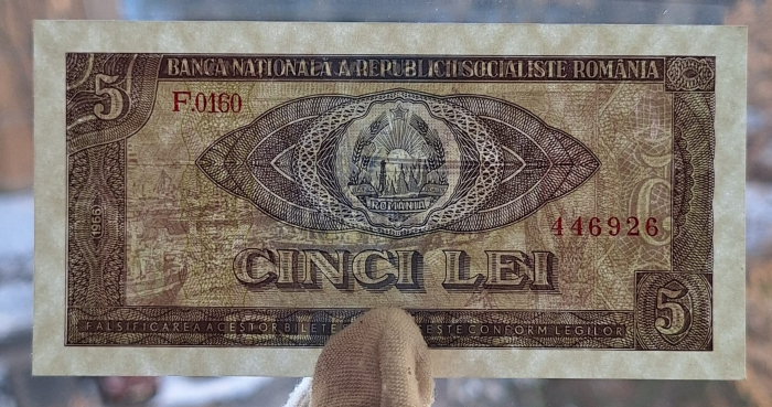 Romania 5 lei 1966, seria F.0160/446926, aproape necirculata [3]