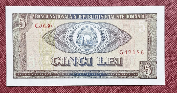 Romania 5 lei 1966, seria G.0130/547586, necirculata [1]