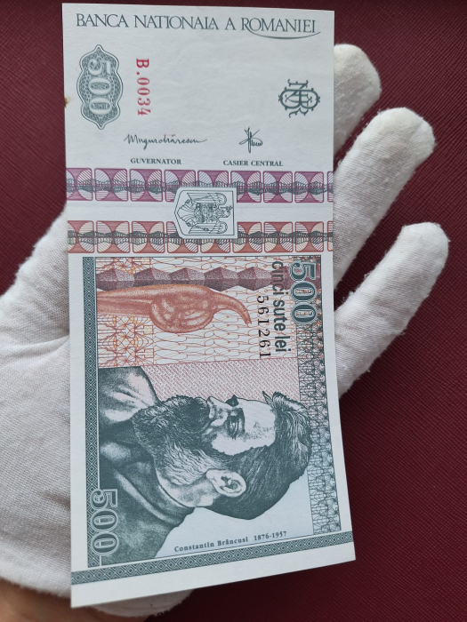 Romania, 500 lei 1992, cu mica pata, UNC, filigran lateral (profil), seria B.0034/561261 [6]