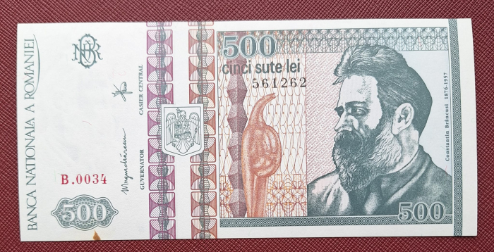 Romania, 500 lei 1992, cu mica pata, UNC, filigran lateral (profil), seria B.0034/561262 [1]