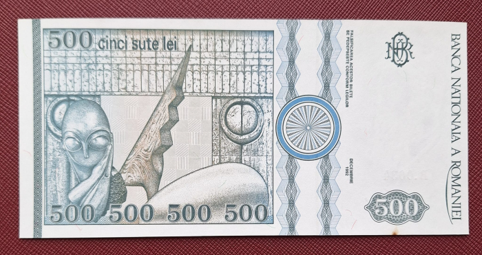 Romania, 500 lei 1992, cu mica pata, UNC, filigran lateral (profil), seria B.0034/561262 [2]