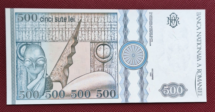 Romania, 500 lei 1992 Constantin Brancusi, filigran fata, mai rara, UNC [2]