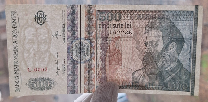Romania, 500 lei 1992 seria C.0003/162236, filigran fata, UNC- [3]