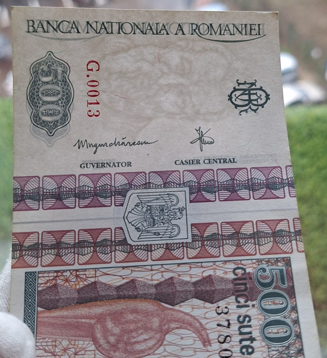 Romania, 500 lei 1992 seria G.0013/378039, filigran fata, Aunc [5]